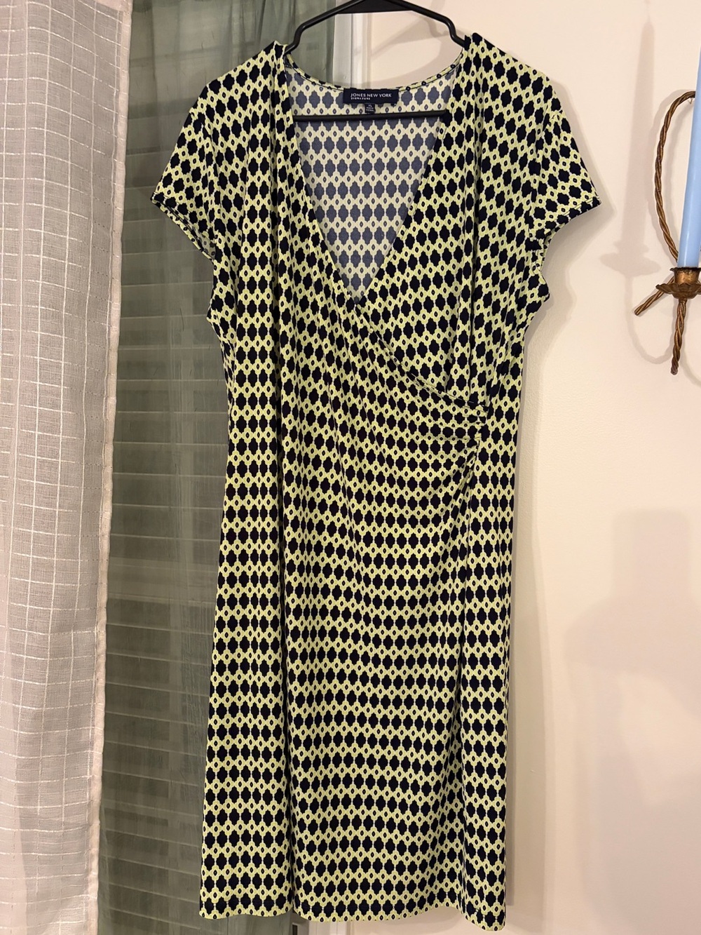Jones New York Black and Lime Geometric Faux-Wrap Midi Dress